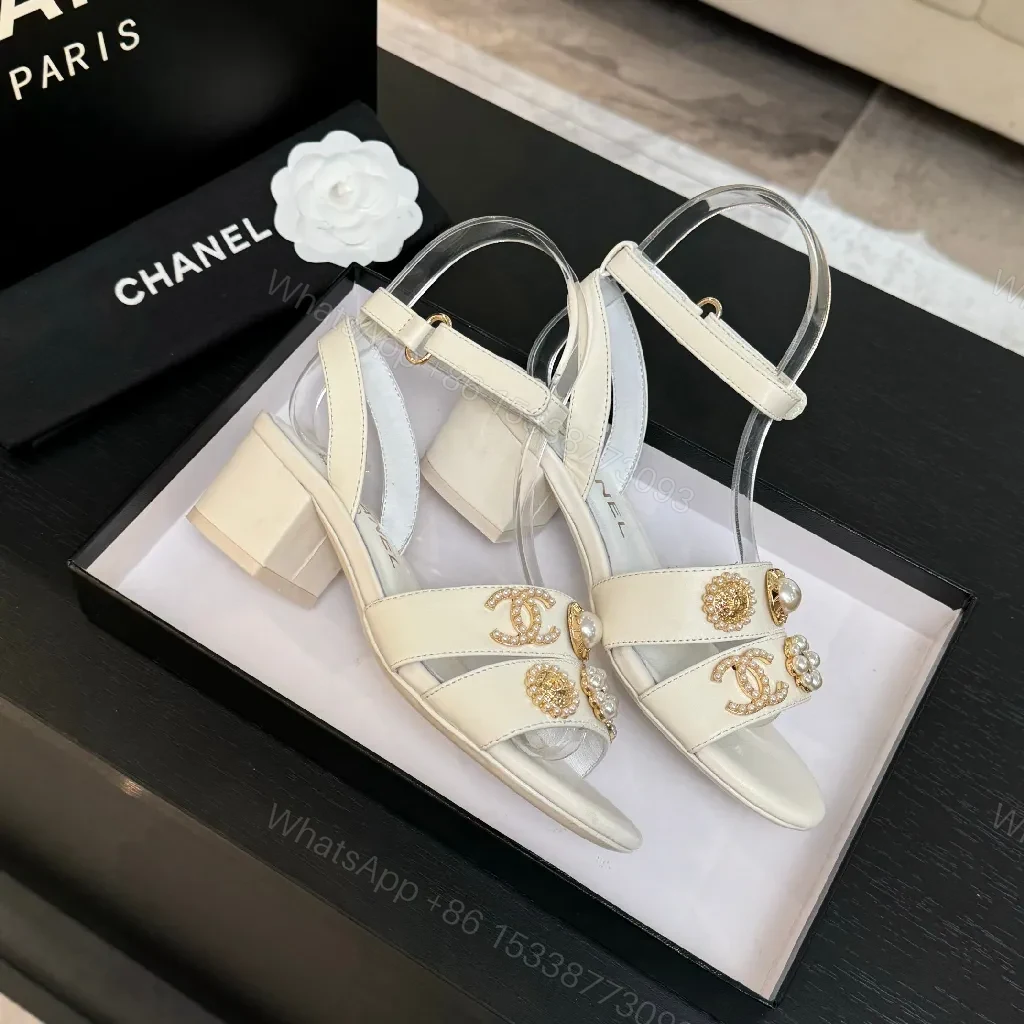 View 6 of Ivory Leather Block-Heel Sandals with Gold Embellishment