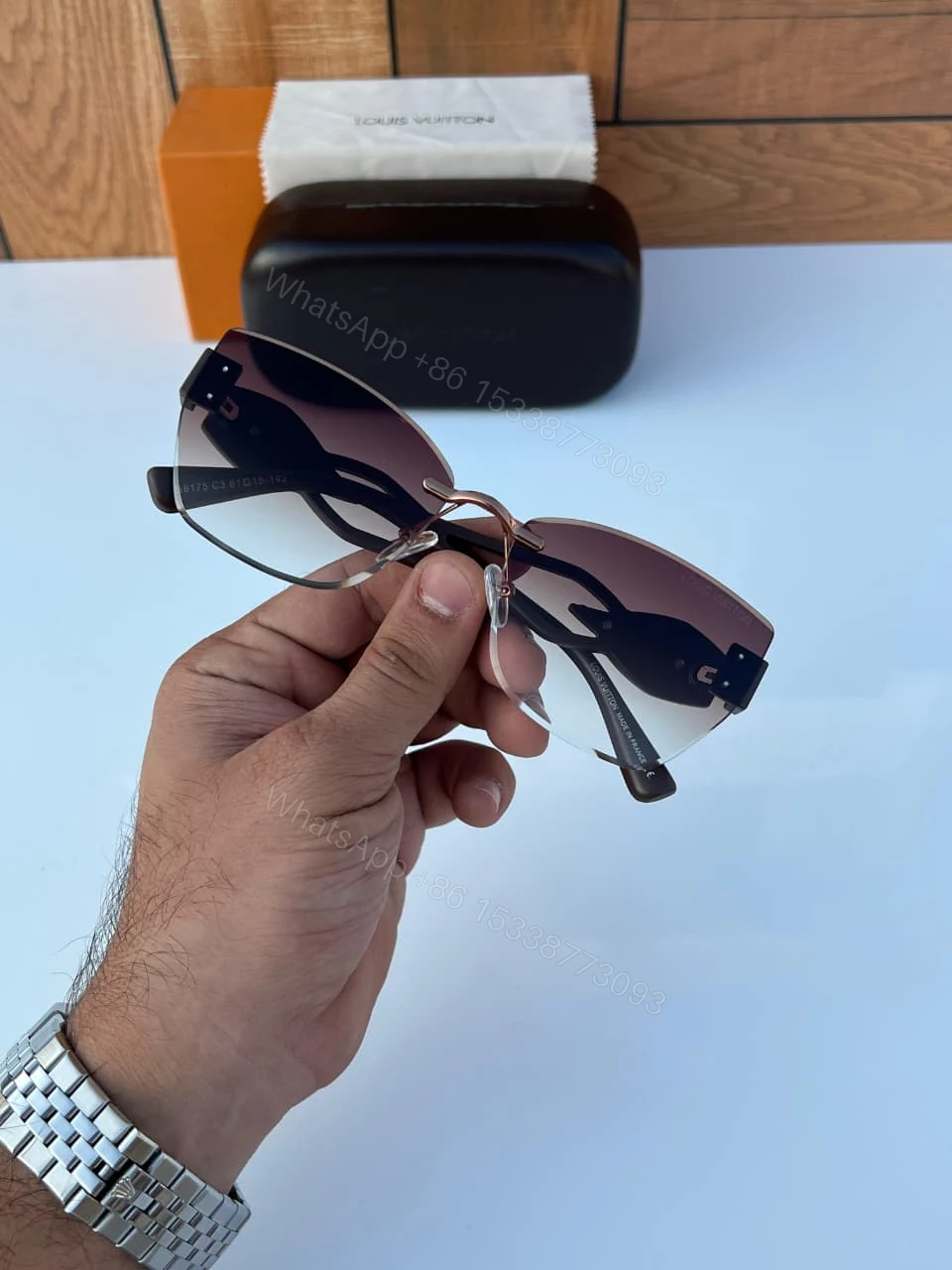 View 3 of Louis Vuitton Rimless Aviator Sunglasses Brown Gradient