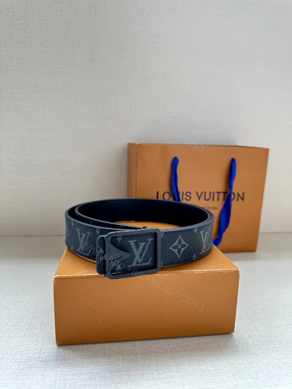 View 4 of Monogram Belt: Modern Luxury Black Leather Style, Gold Buckle