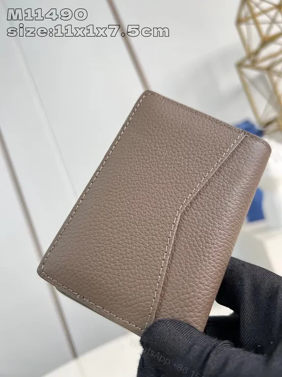 View 3 of Taupe Pebble Leather Card Holder with Subtle LV-Inspired Logo