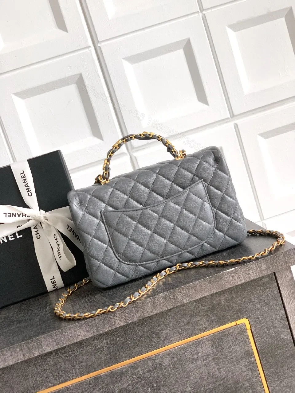 View 7 of Chic Quilted Crossbody: Grey Calfskin, Modern Luxe, Compact