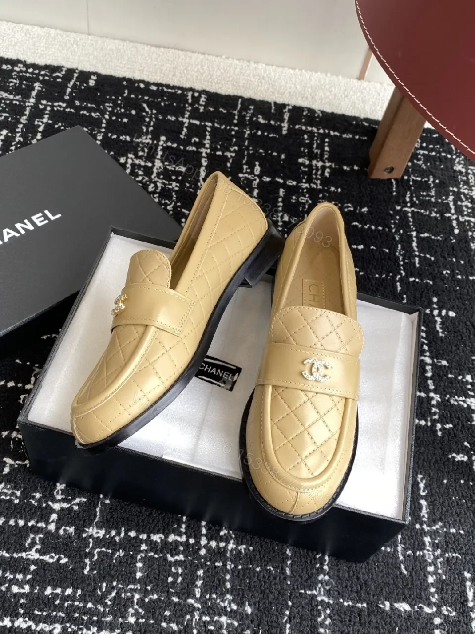 View 6 of Cream Quilted Leather Loafers with Gold Emblem – Everyday Luxury