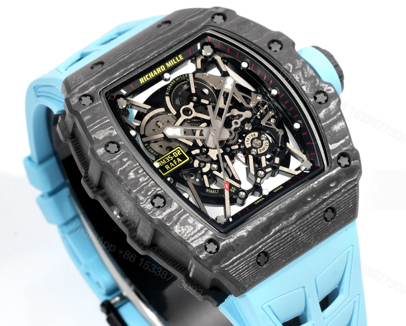 View 5 of Richard Mille RM35-02 Rafael Nadal Automatic Skeleton Watch NTPT Carbon Fiber Blue Strap Black Red Track Dial RMAL1 Movement Premium Edition RM35-02-RN-BLU-NT55