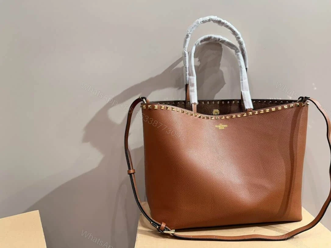 View 2 of VALENTINO GARAVANI ROCKSTUD GRAINY CALFSKIN TOTE BAG BROWN 35CM 1W2B0B70VSF HG5