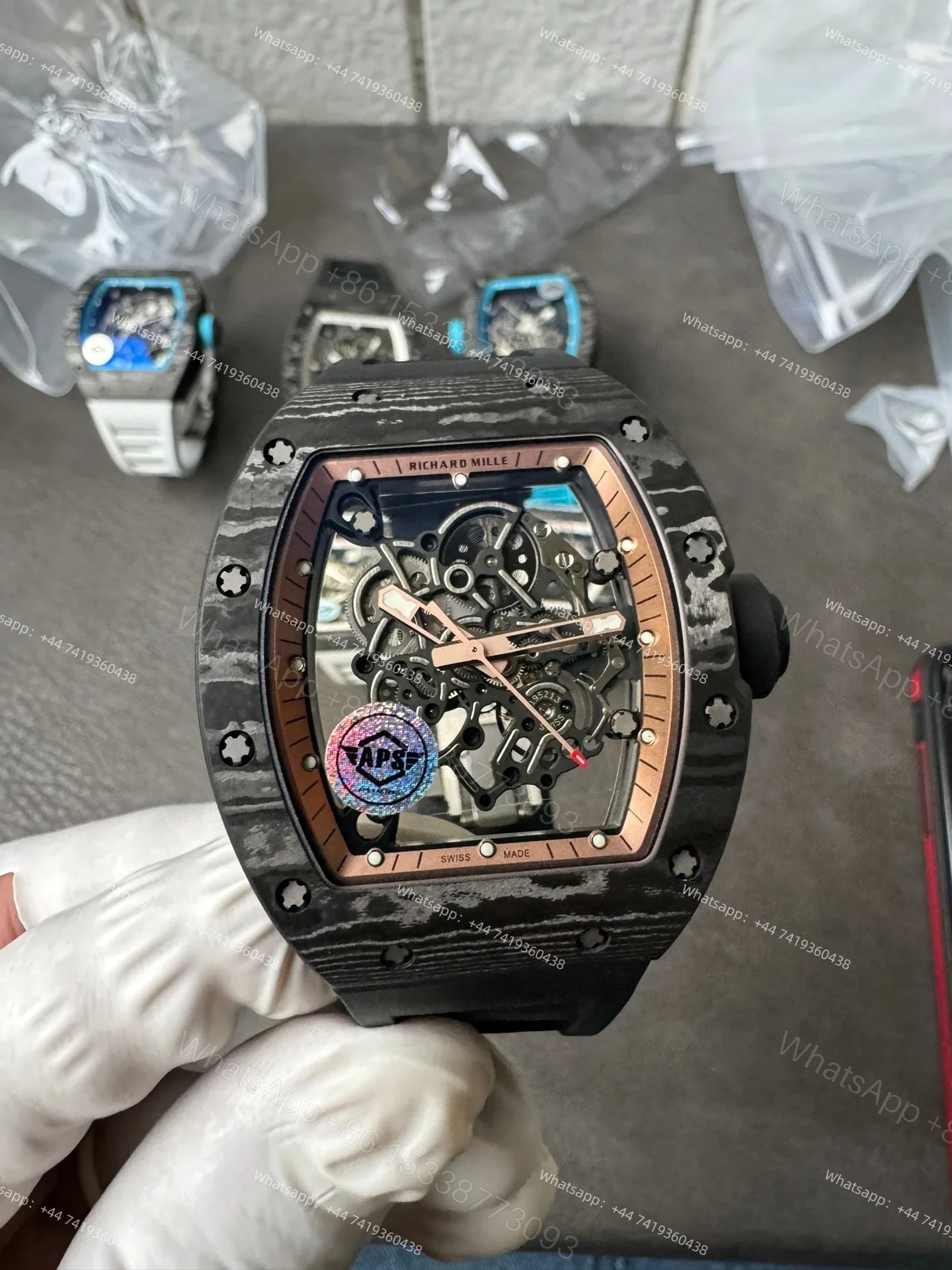 View 9 of Super Clone Richard Mille RM 055 Carbon TPT Rose Gold Skeleton 1:1 Replica Watch