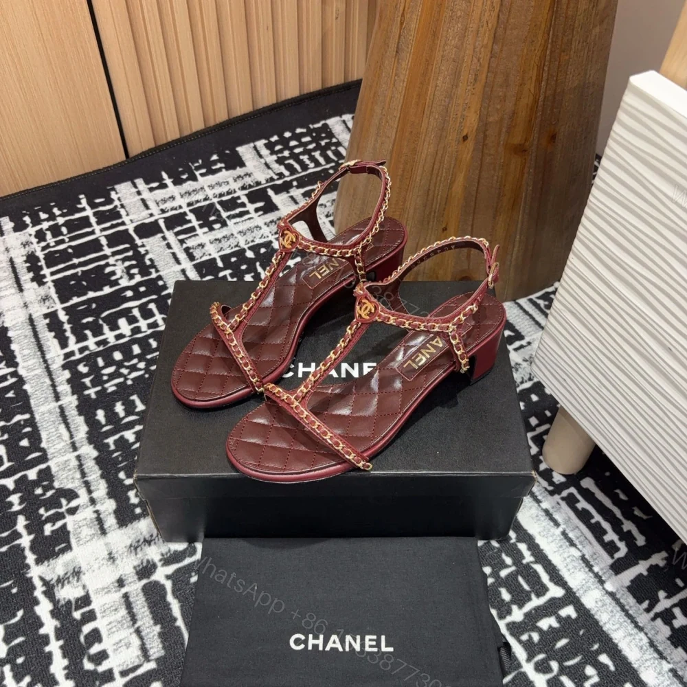 View 3 of 高仿Chanel*25C系列G36122A小羊皮中踭涼鞋紅色5CM免檢版