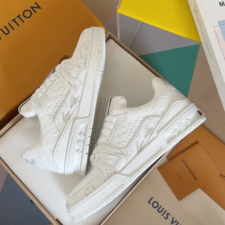 View 8 of Premium Leather LV-Accent White Sneakers: Classic, Comfortable, Versatile