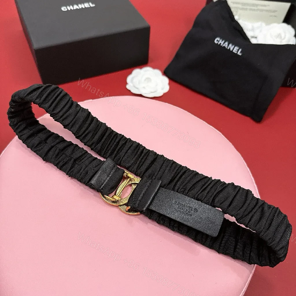 View 2 of Elastic Belt with Gold Double-C Clasp - Luxe Casual Couture Accessory