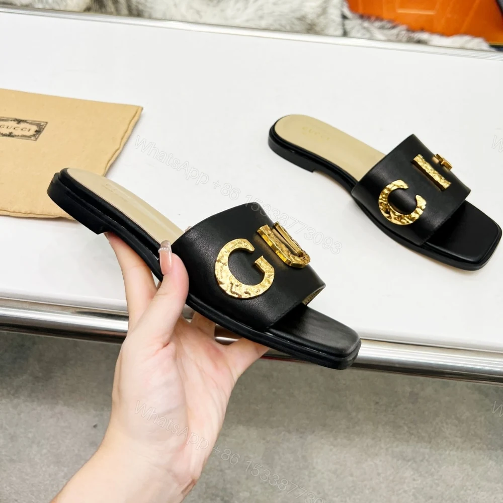 View 5 of GUCCI WOMEN’S LOGO EMBELLISHED SLIDE SANDALS BLACK