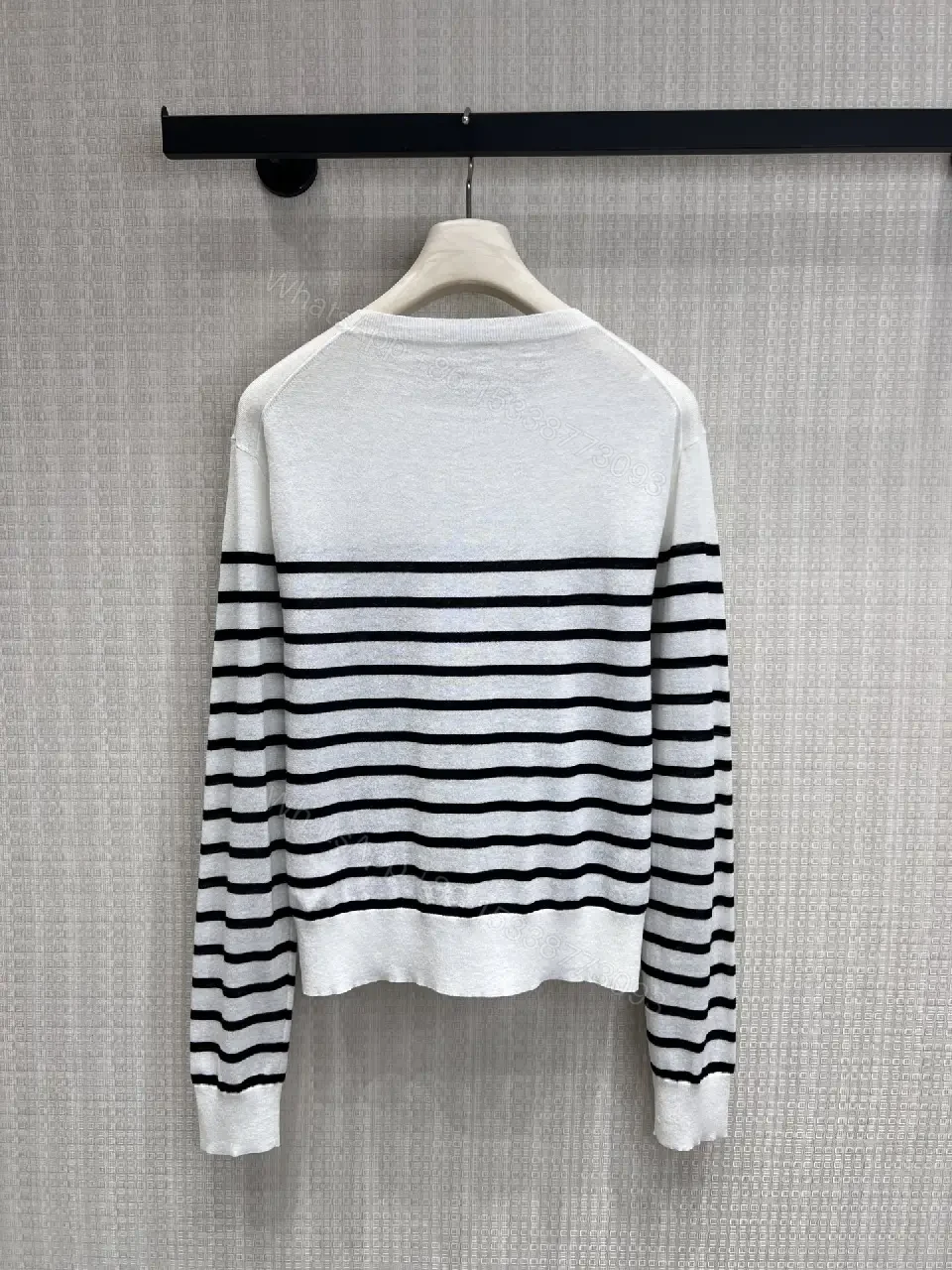 View 2 of White Knit Top Black Stripes Dior Floral Pattern Crew Neck Crop Top