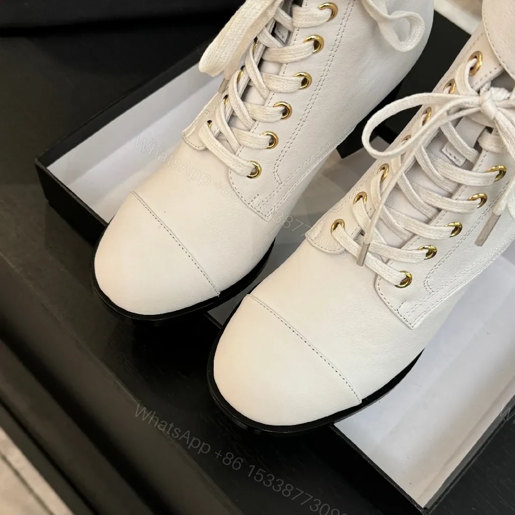 View 9 of White Leather Combat Boots with Gold Chain Detail
