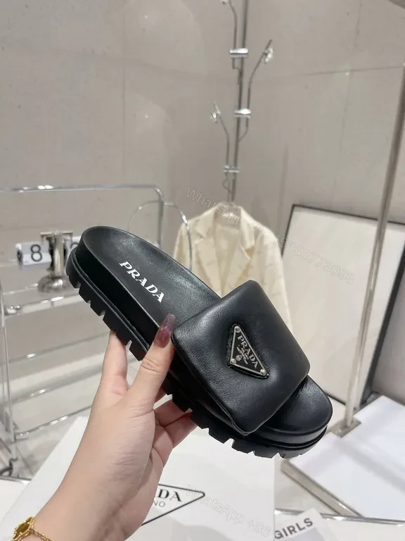 Black Leather Prada-Style Minimalist Slide with Logo & Lug Outsole — view 1