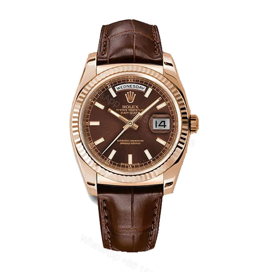 Rolex Day-Date 118135 V5 Brown Dial Super Clone : 36mm Everose Gold President with Caliber 3155 and Leather Strap — view 1