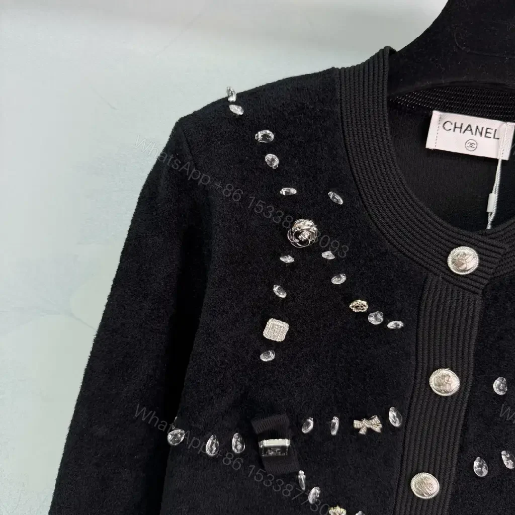 View 6 of Black Knit Cardigan with Crystal Embellishments - Luxe, Cropped, Buttoned