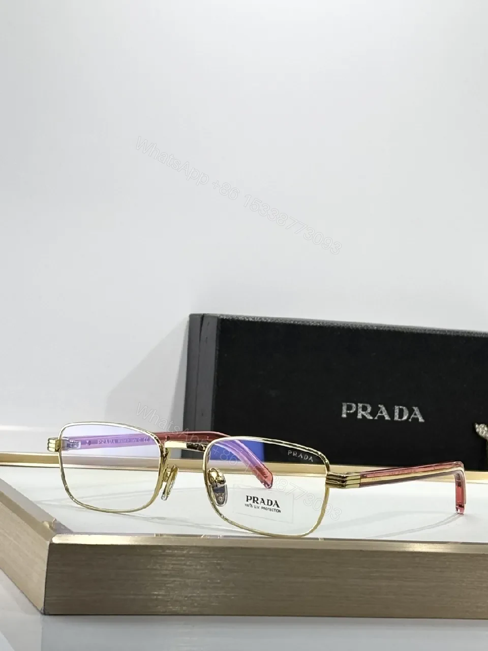 View 2 of Gold-Tone Metal Eyewear, Rectangular, Luxury, Blue-Light, Glasses