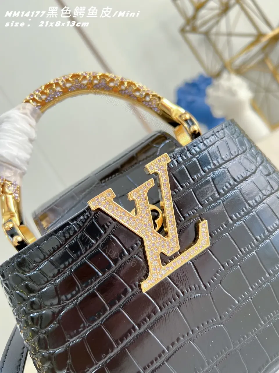 View 5 of Crocodile-Texture Mini Bag with Gold Emblem – Luxe Everyday Glam