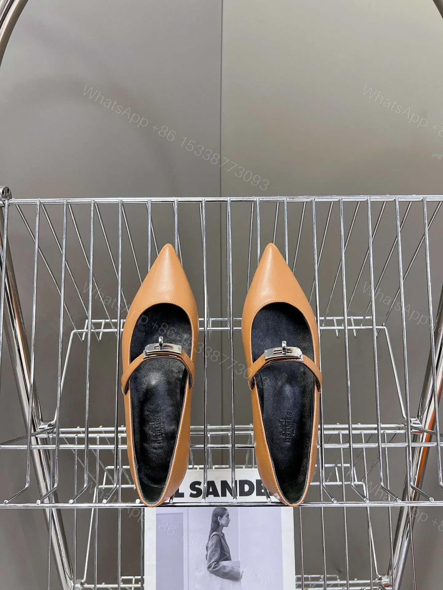 View 2 of Hermes Women Tan Leather Pointed Toe Flats
