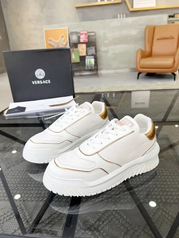 View 8 of White Leather Luxe Sneaker with Gold Accents, Versace-Inspired