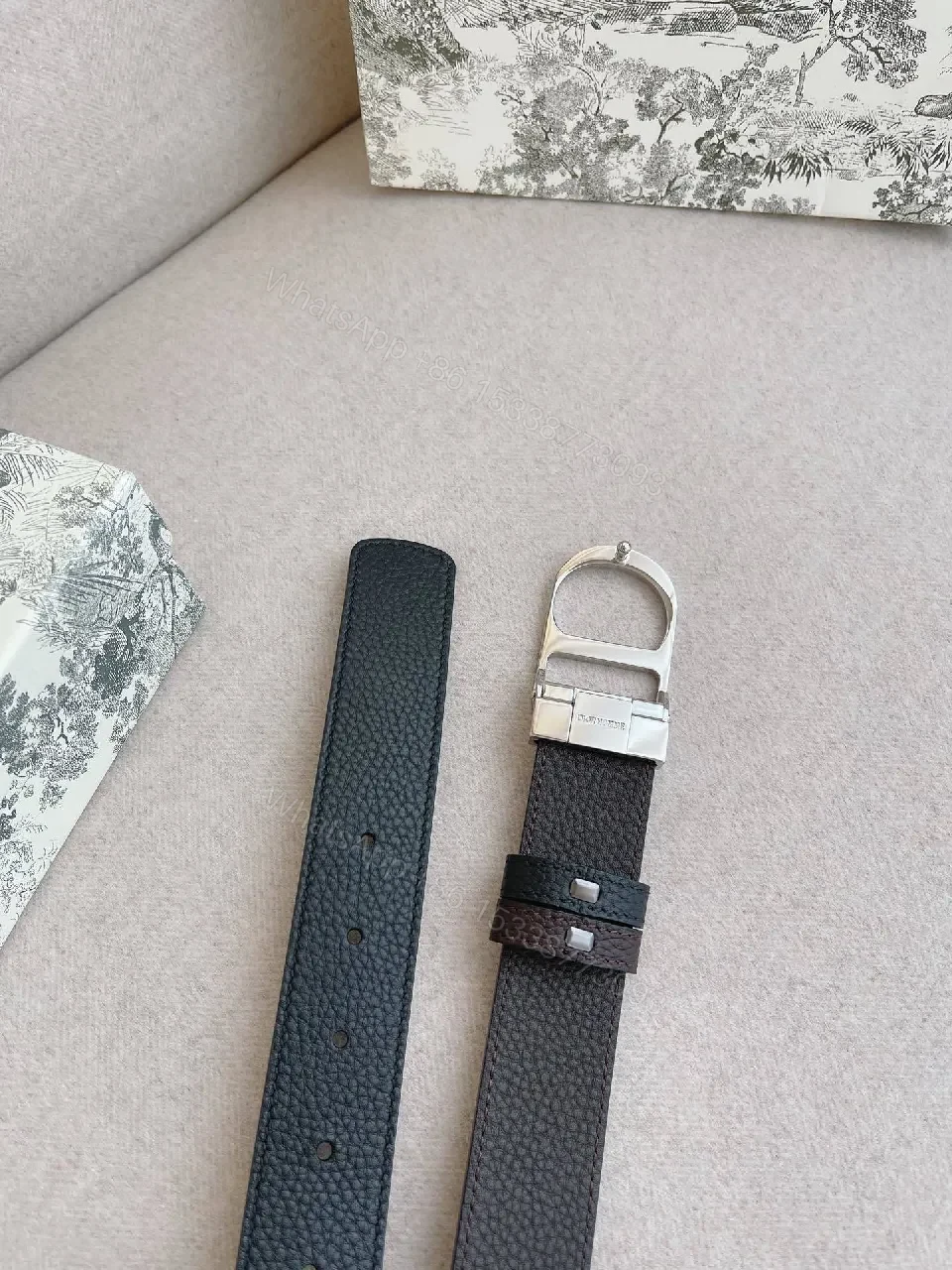 View 7 of Black Leather Double-D Ring Belt - Premium Texture
