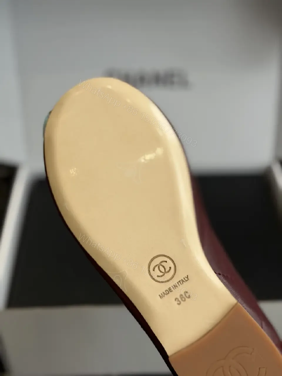 View 5 of Burgundy Leather Ballet Flats with Aqua Chanel Logo Details