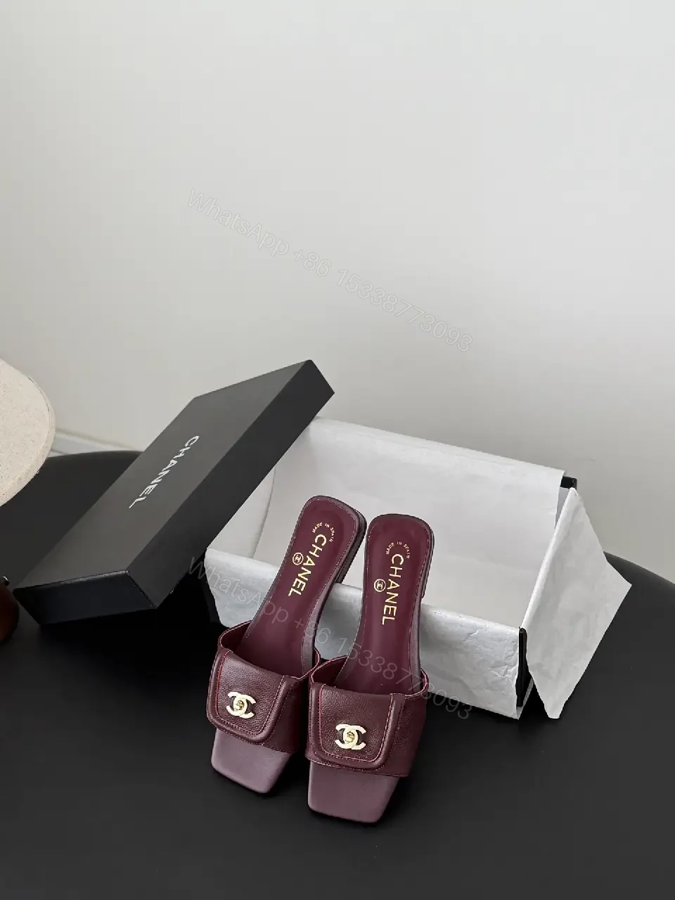 View 8 of Burgundy Leather Slides – Gold Logo Hardware, Premium Comfort