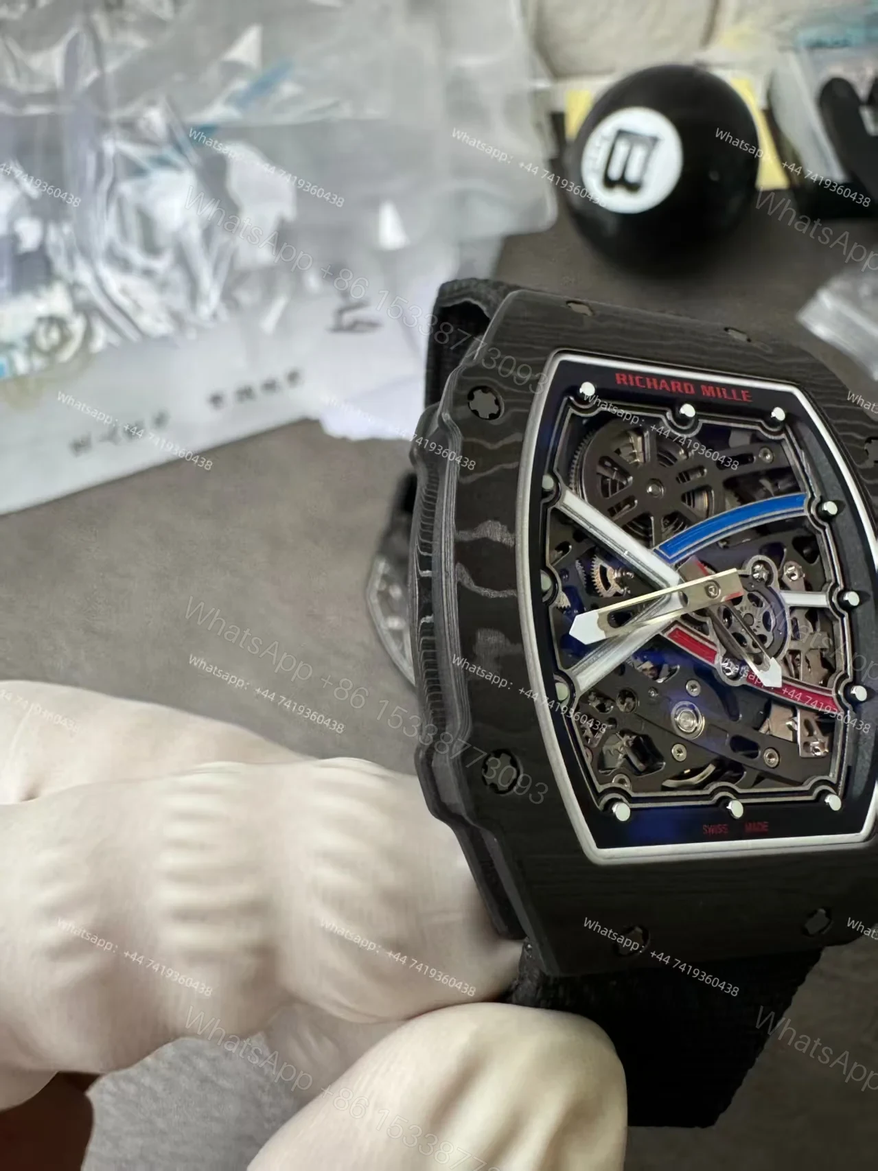 View 13 of Super Clone Richard Mille RM67-02 Carbon TPT Skeleton Tourbillon 1:1 Replica Watch with Black Strap
