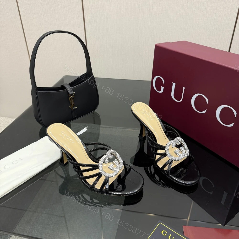 View 4 of Gucci Women Slide Sandal With Crystal Interlocking G Black