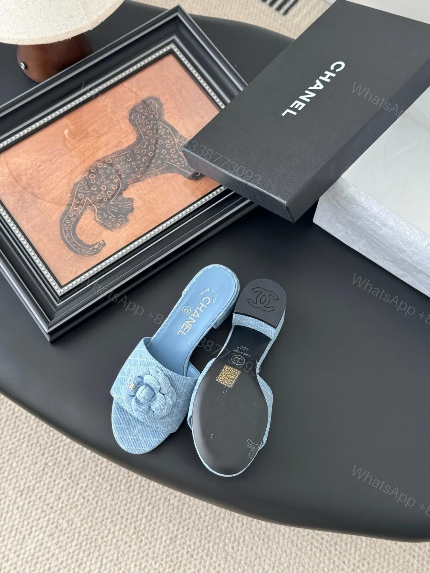 View 4 of Chanel Women Light Blue Fabric Floral Slide Sandals
