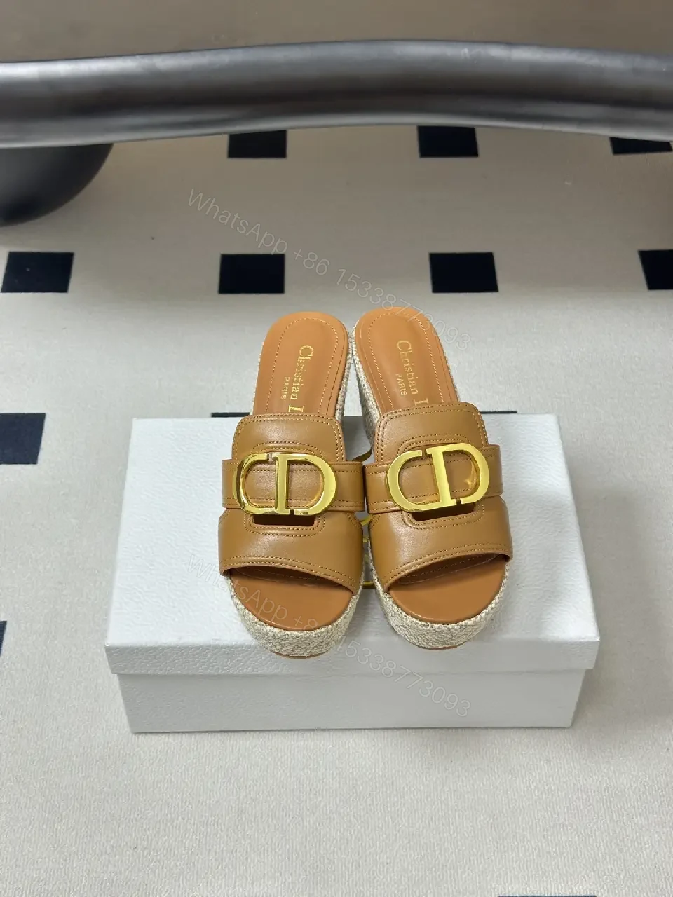 View 9 of Beige Leather Espadrille Wedge Sandals with Gold Buckle, Christian Dior Style