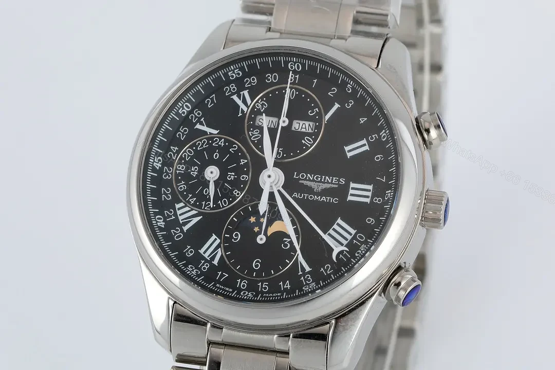 View 4 of Longines Master Collection Moonphase Eight Hand V4 Watch Silver Stainless Steel with Black Dial