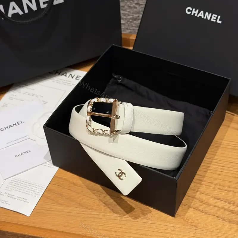 White Leather Belt Gold Chain Buckle Modern Chic Chanel Logo Tag Belt — view 1