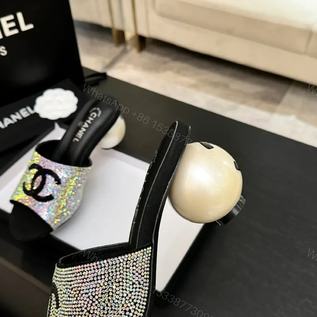 View 8 of Black Crystal-Embellished Satin Chanel Mules