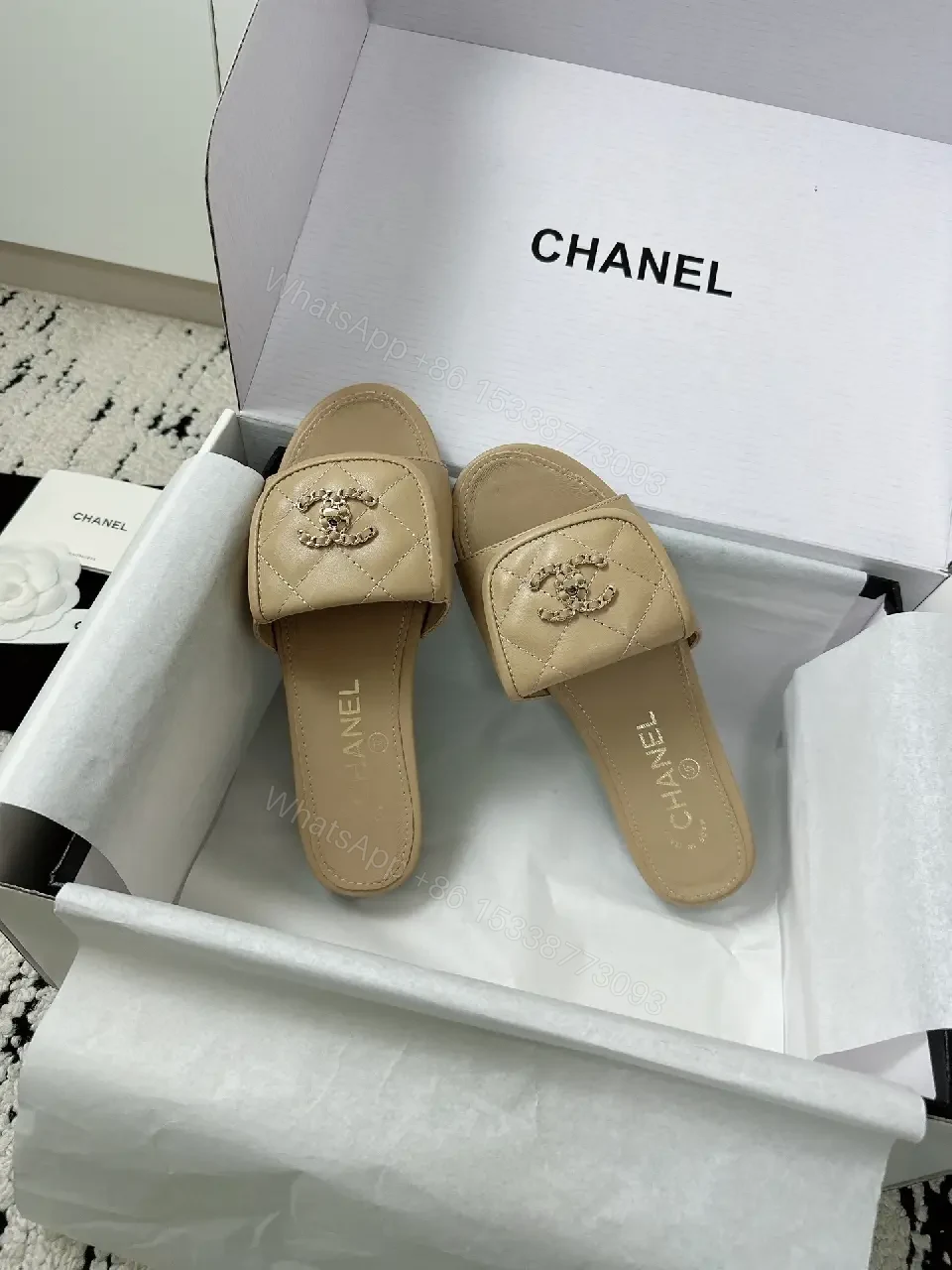 View 6 of Neutral Beige Leather Slides + Logo Accent, Modern Luxury Slide