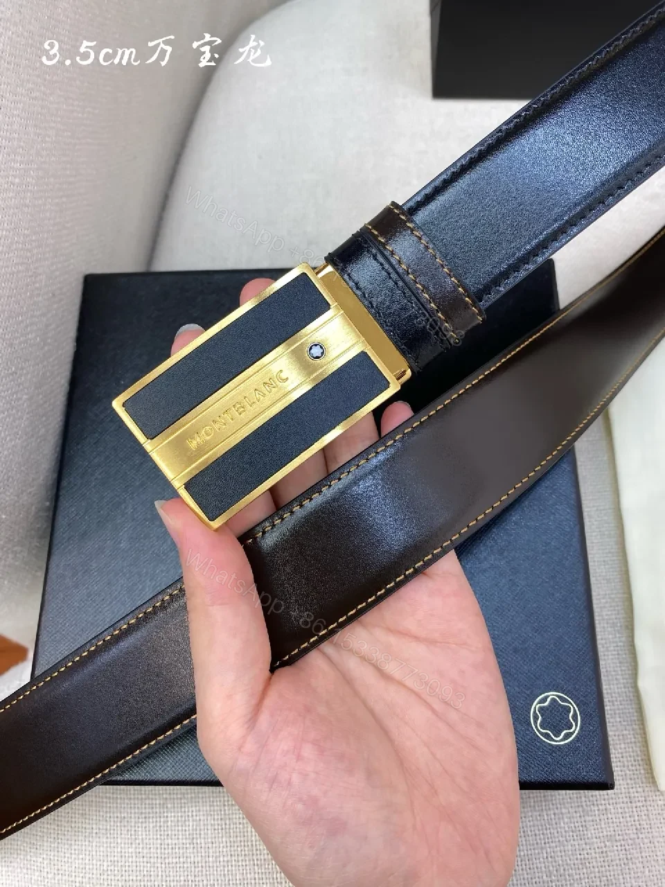 View 4 of Black Leather Belt with Gold-Plate Buckle, Premium Luxury Style