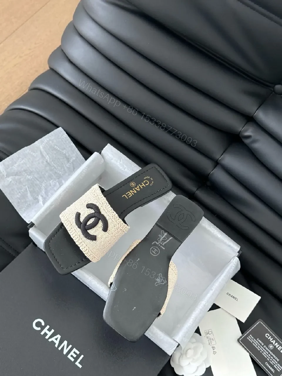 View 9 of Beige Canvas Slides with Interlocking Logo, Luxe-Style Comfort