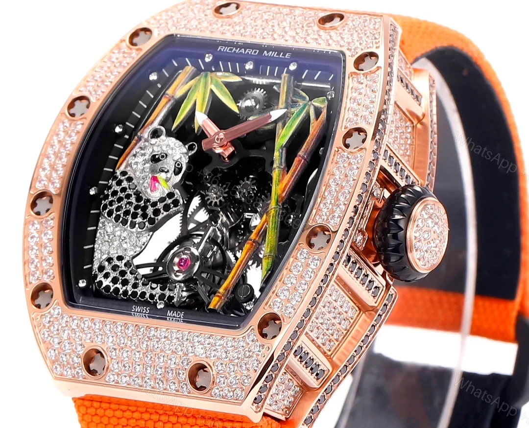 View 3 of Richard Mille RM26-01 Panda Tourbillon Watch Orange Strap Full Diamond Panda Art Dial 18K White Gold National Treasure Mechanical Edition RM26-01-PND-ORS