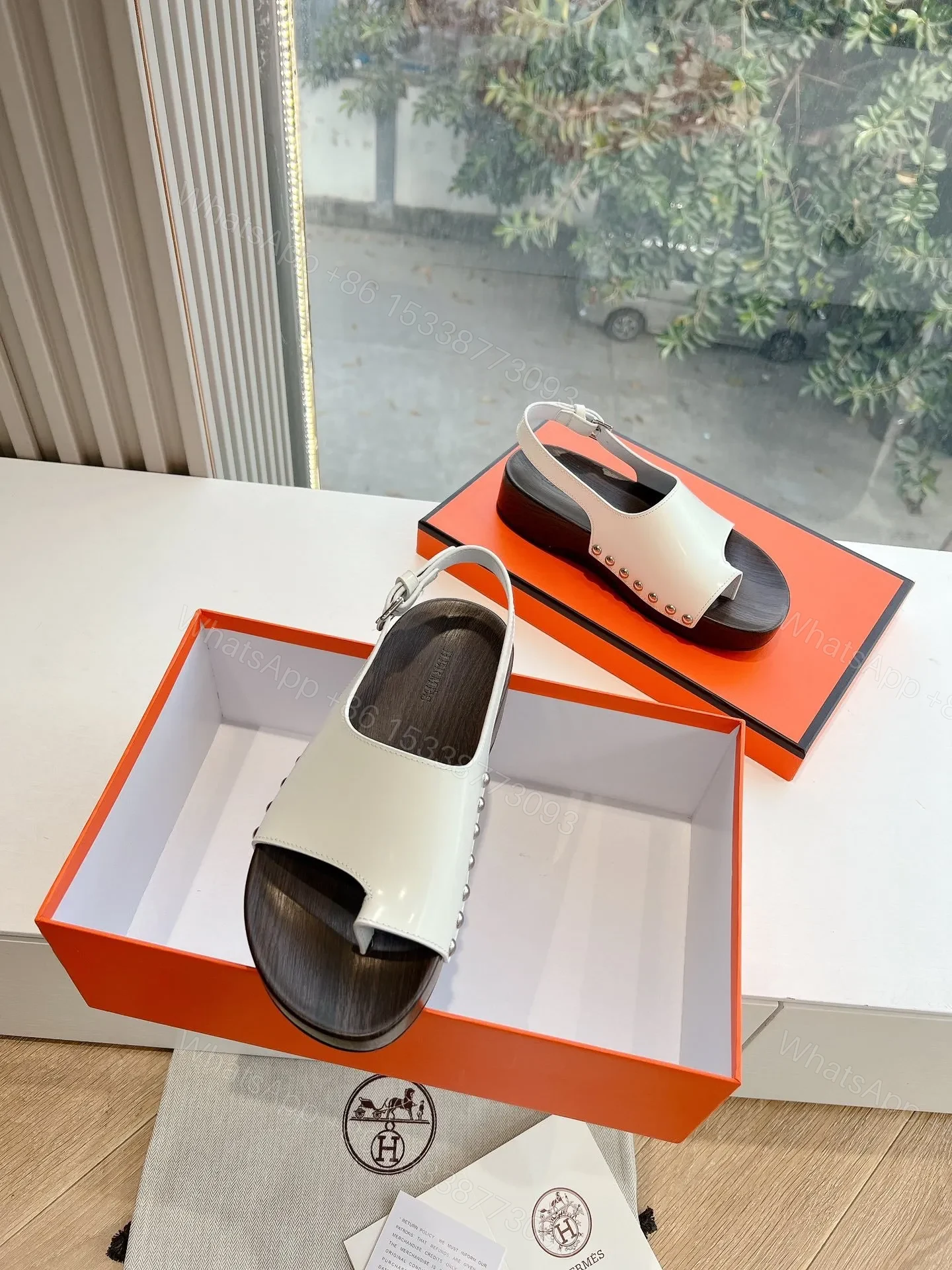 View 3 of Hermes Women White Leather Wooden Sole Sandals