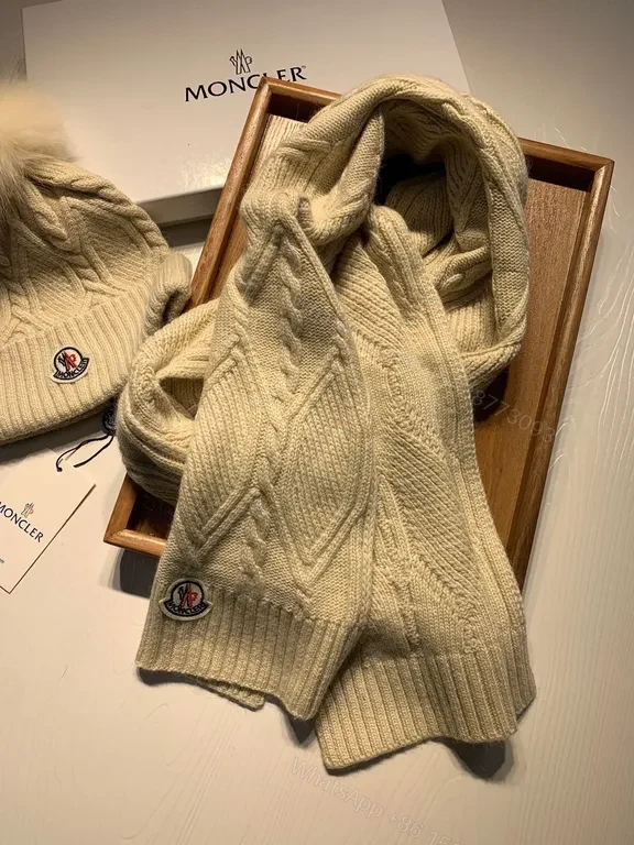View 3 of Ivory Wool-Blend Moncler Beanie & Scarf Set, Cable Knit