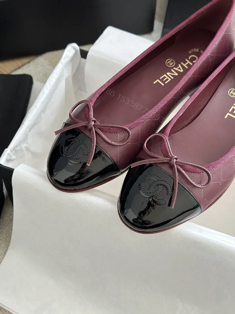 View 9 of Burgundy Satin Ballet Flats with Patent Cap Toe