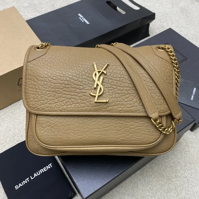 Structured Pebble-Leather YSL Monogram Bag, Gold Hardware, Crossbody/Shoulder — view 1