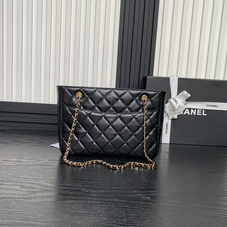 View 5 of Chic Black Quilted Shoulder Bag with Gold Chain (Diamond Stitch)