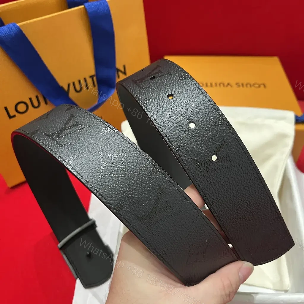 View 4 of Black Leather Belt with Bold Gunmetal LV Buckle Set