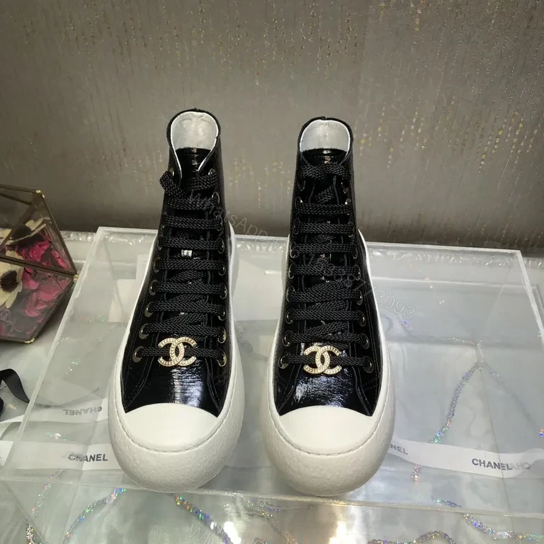Chanel-Inspired Black Patent High-Top Sneakers with Gold Logo — view 1