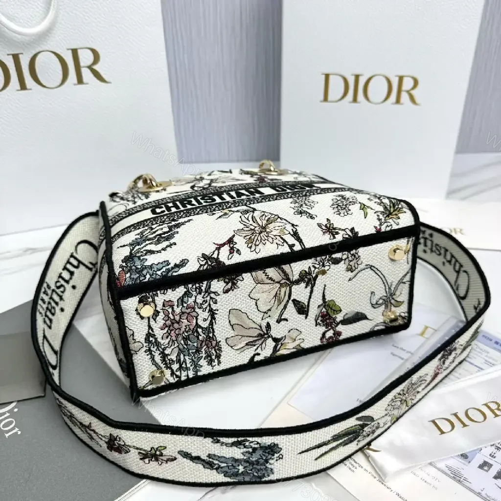 View 5 of Elegant Floral Canvas Handbag with Dior Striping