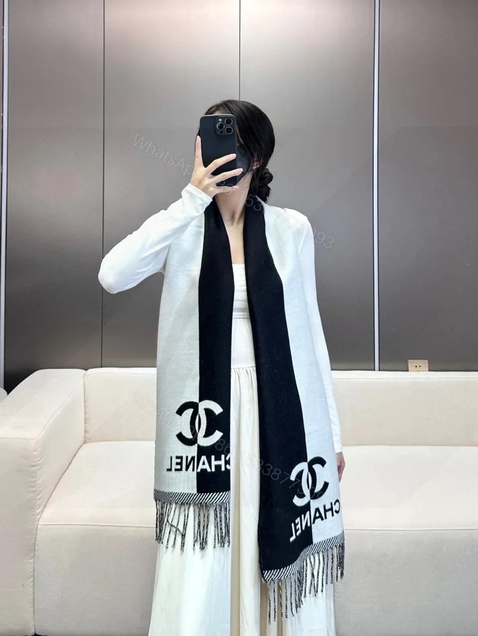 View 8 of Black-White Luxe Throw Scarf: Bold Contrast Weave, Fringe Edge