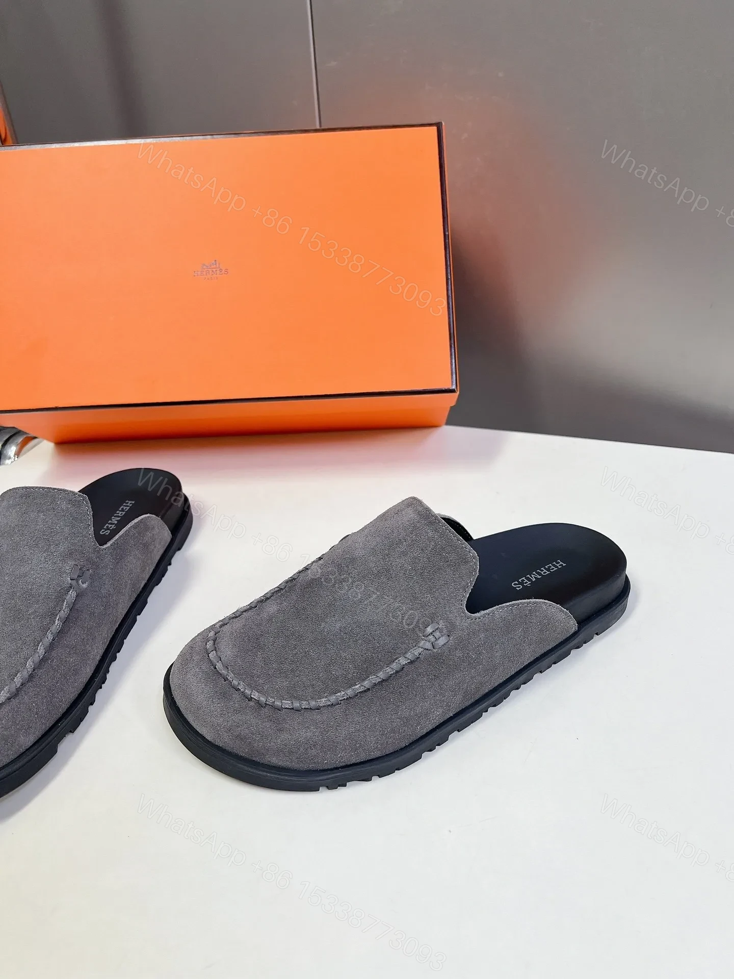 View 4 of Hermes Women Gray Suede Slip-On Loafers