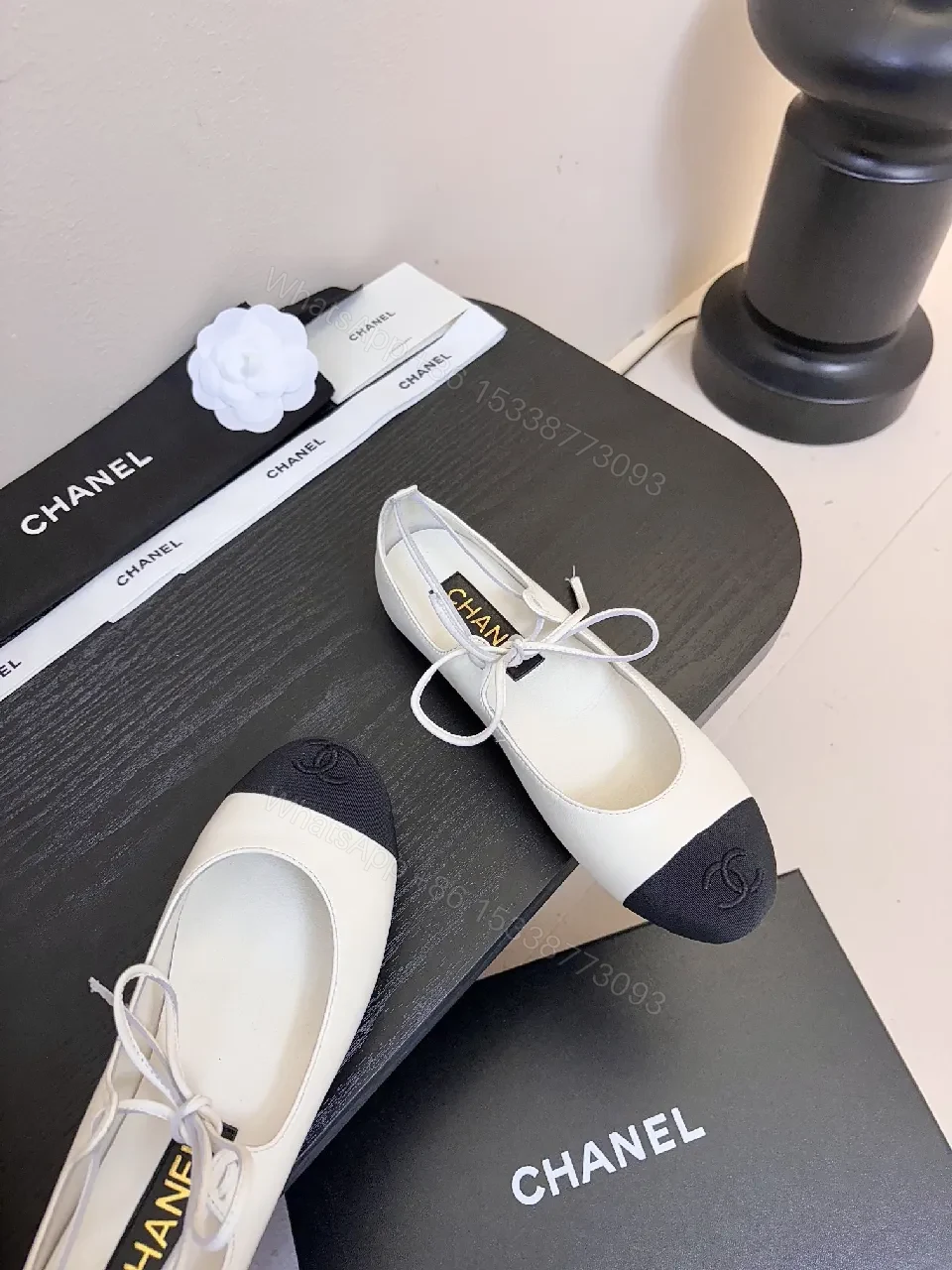 View 8 of White/Black Two-Tone Ballet Flats – Crisscross Lace, Cushioned Comfort, Flat Shoes