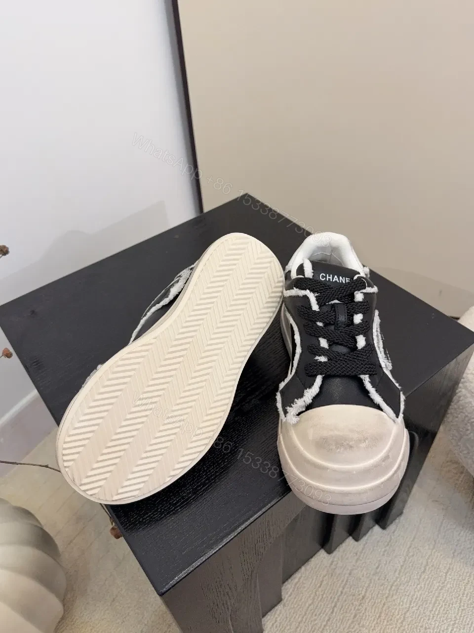 View 8 of Distressed High-Top Leather Sneaker with Bold Stitching Edge