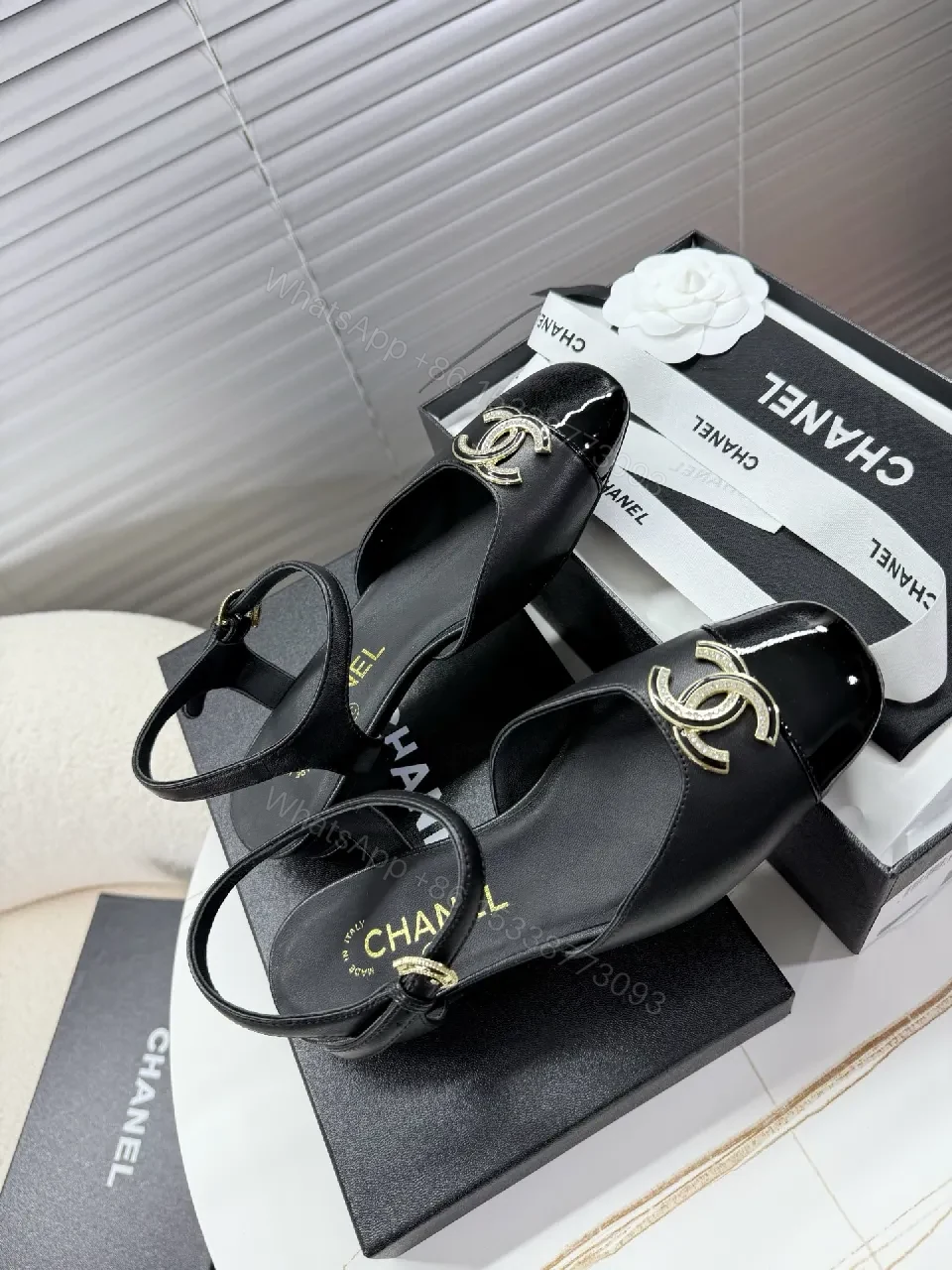 View 8 of Black Satin-Patent Slingback Flats with Gold Logo Hardware