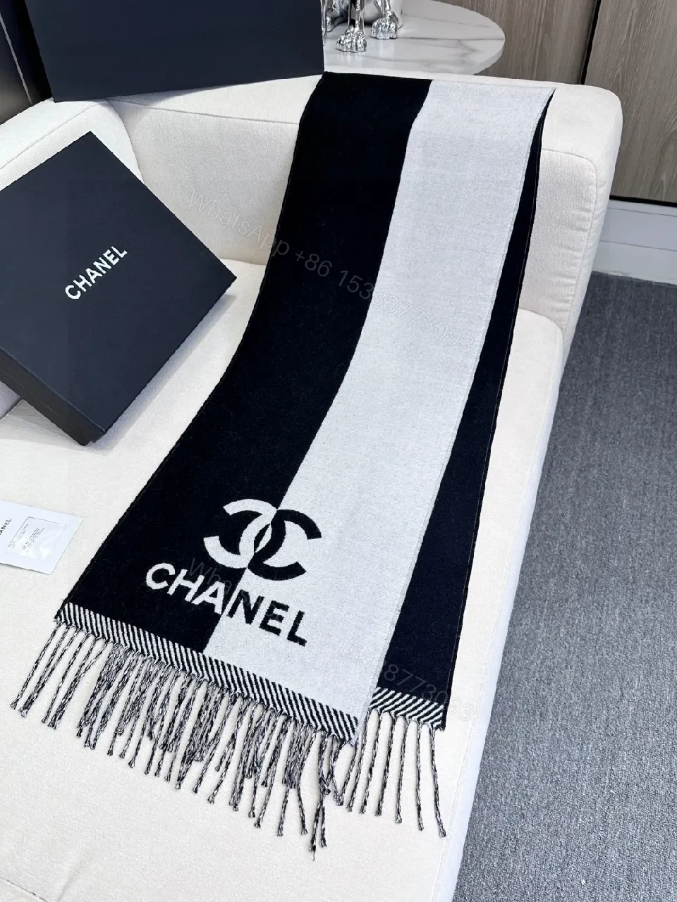 View 6 of Black-White Luxe Throw Scarf: Bold Contrast Weave, Fringe Edge